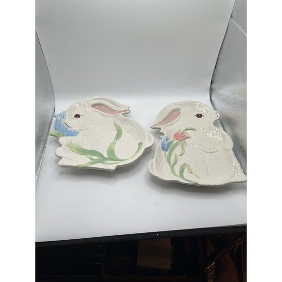 Pier 1 Imports Rabbit Plates Set of 2 Ceramic with Tulips Approx 9" X 8" - Picture 1 of 6